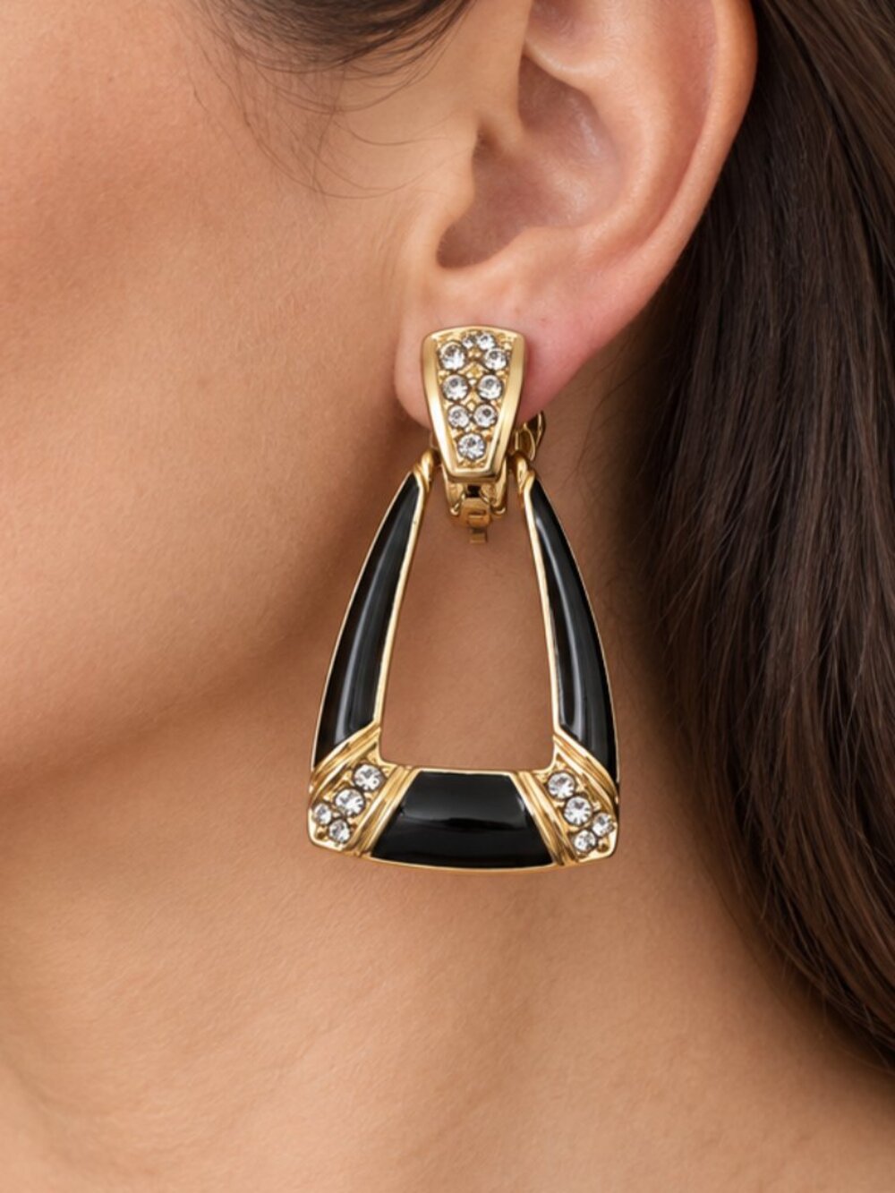 Black & Gold-Tone Rhinestone Geometric Clip-On Earrings
